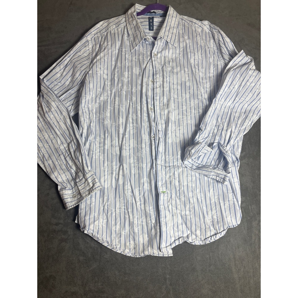 Sixty Six Eleven Mens XXL Blue White Striped Floral Button Down Cotton Shirt
